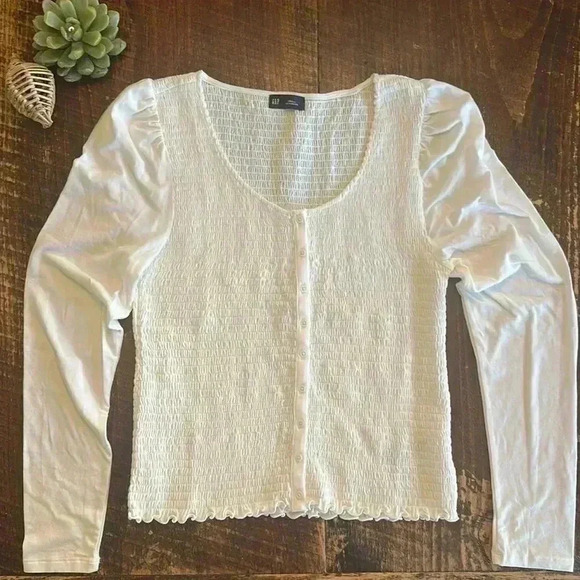 GAP | Smocked Button-Front Top, White - Picture 3 of 8